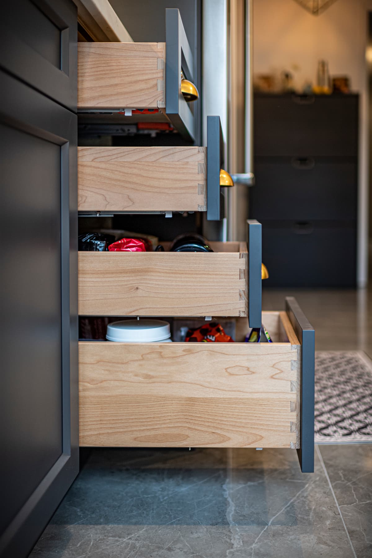 Glass door open shelf cabinets in a Mississauga kitchen renovation