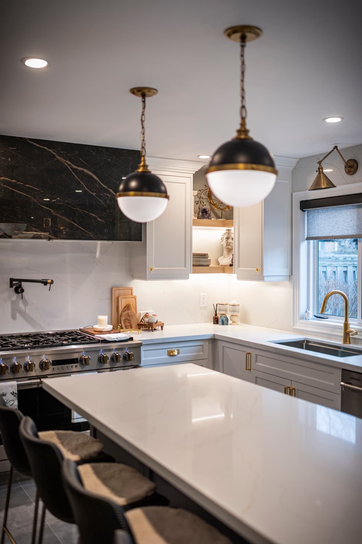Glass door open shelf cabinets in a Mississauga kitchen renovation