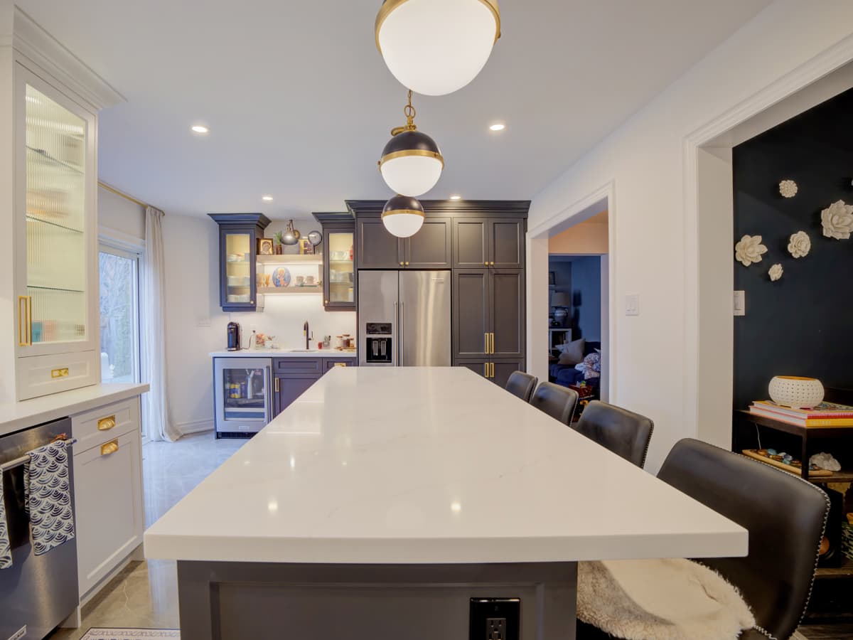 Glass door open shelf cabinets in a Mississauga kitchen renovation