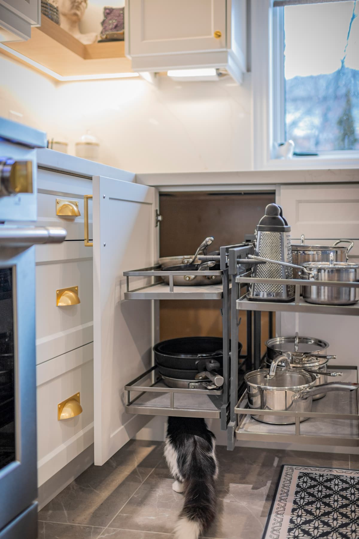 Glass door open shelf cabinets in a Mississauga kitchen renovation