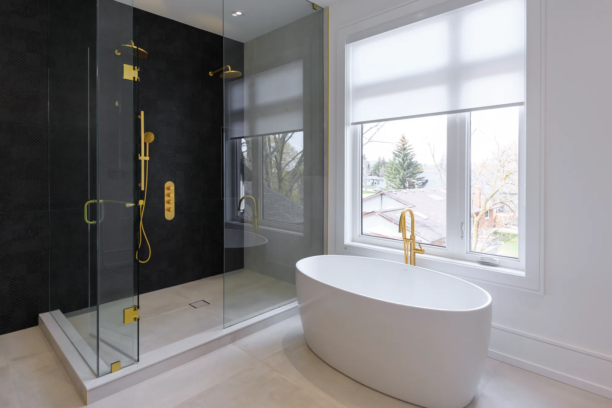 Navy Ensuite Primary ensuite renovation in Oakville, Ontario